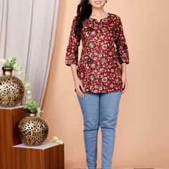 Maroon Bird Printed Short Kurti Cotton Blend
