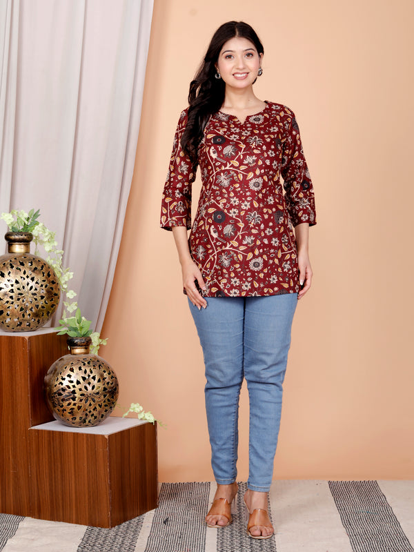Maroon Bird Printed Short Kurti Cotton Blend