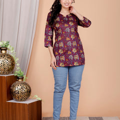 Purple Printed Short Kurti Cotton Blend
