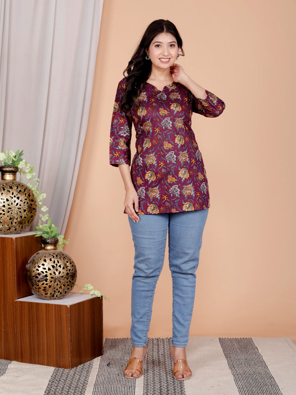 Purple Printed Short Kurti Cotton Blend
