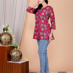 Purple Printed Short Kurti Cotton Blend