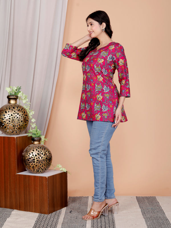 Purple Printed Short Kurti Cotton Blend