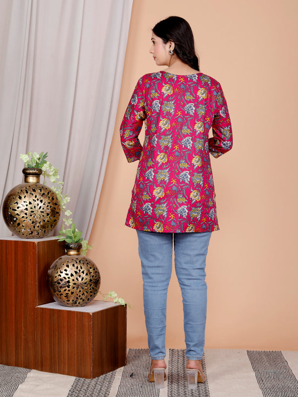 Purple Printed Short Kurti Cotton Blend