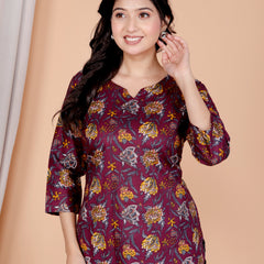 Purple Printed Short Kurti Cotton Blend
