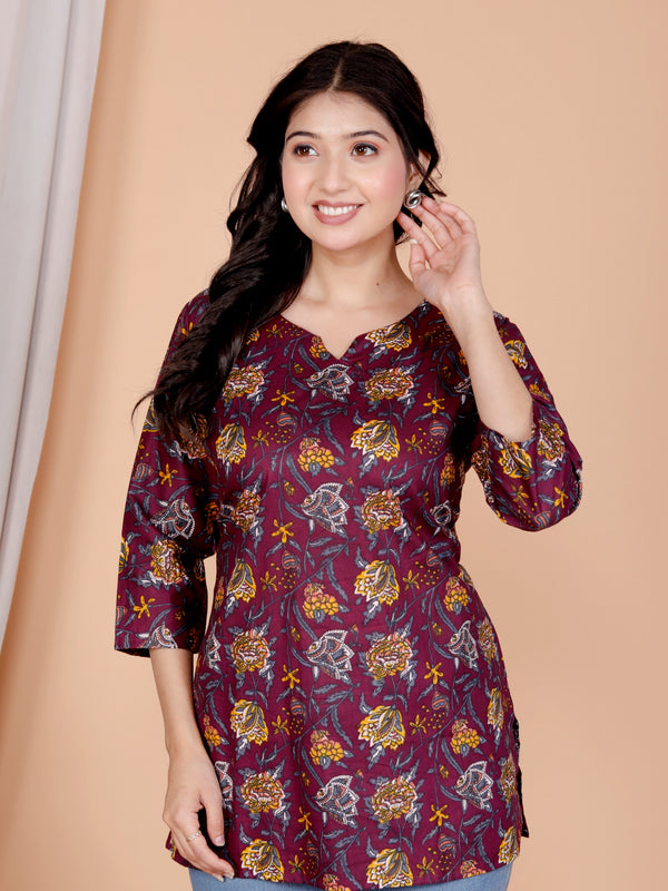 Purple Printed Short Kurti Cotton Blend