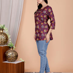 Purple Printed Short Kurti Cotton Blend