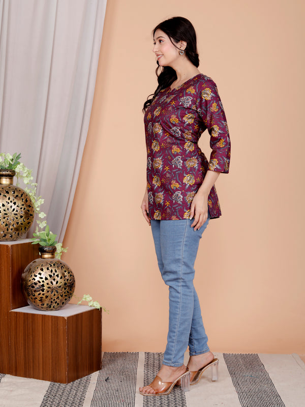 Purple Printed Short Kurti Cotton Blend