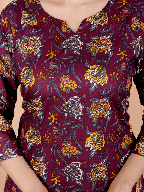 Purple Printed Short Kurti Cotton Blend
