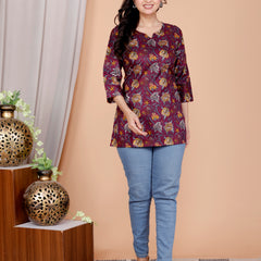 Purple Printed Short Kurti Cotton Blend