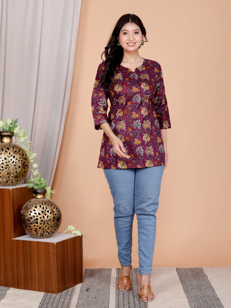 Purple Printed Short Kurti Cotton Blend