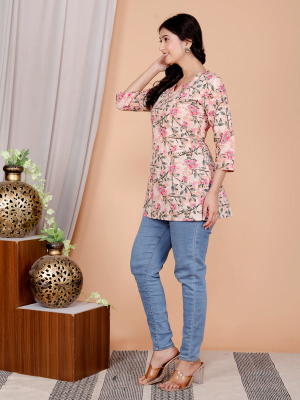 Grey Printed Short Kurti Cotton Blend