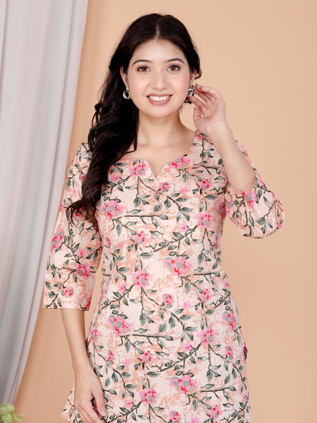 Peach Printed Short Kurti Cotton Blend