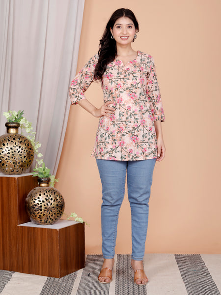 Peach Printed Short Kurti Cotton Blend