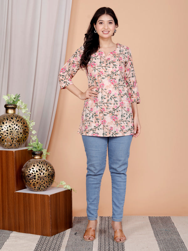 Grey Printed Short Kurti Cotton Blend