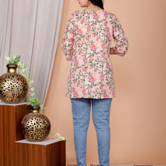 Peach Printed Short Kurti Cotton Blend