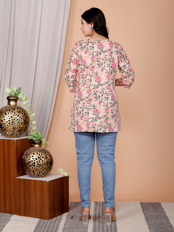 Peach Printed Short Kurti Cotton Blend