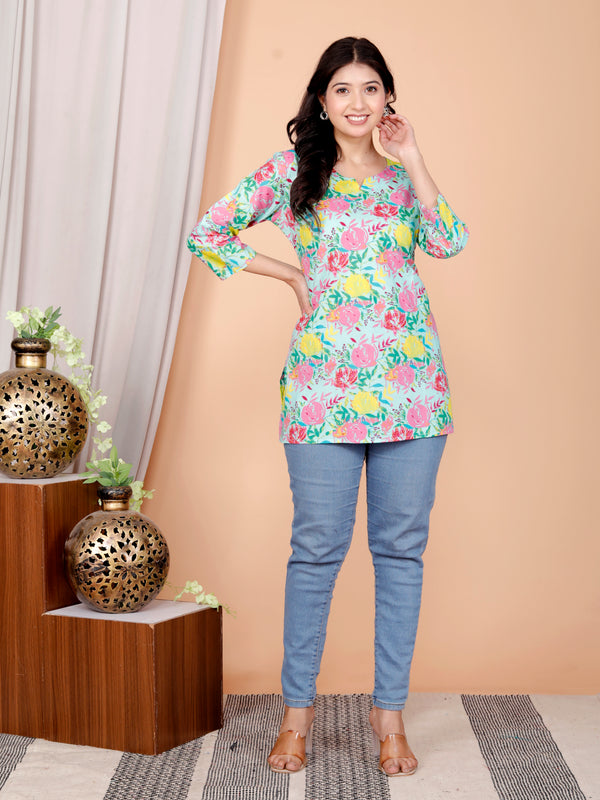 Beige Printed Short Kurti Cotton Blend