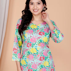 Beige Printed Short Kurti Cotton Blend