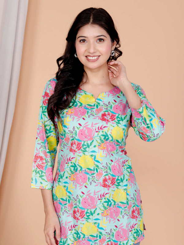 Beige Printed Short Kurti Cotton Blend