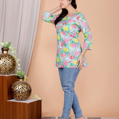 Beige Printed Short Kurti Cotton Blend