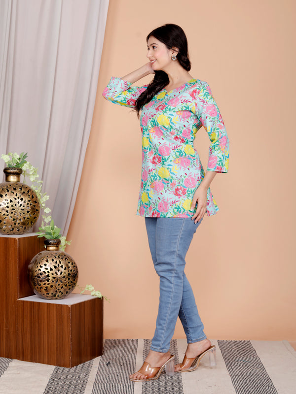 Beige Printed Short Kurti Cotton Blend
