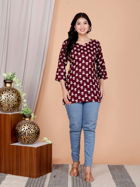 Maroon Buti Printed Short Kurti Cotton Blend