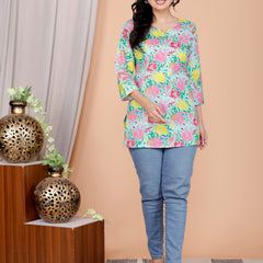 Beige Printed Short Kurti Cotton Blend