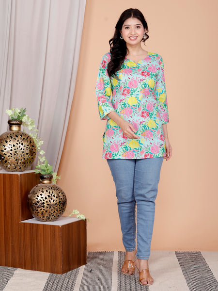 Mint Printed Short Kurti Cotton Blend