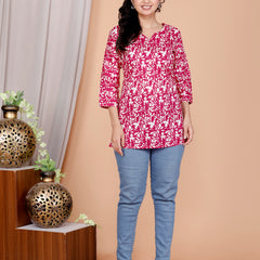 Pink Abstract Printed Short Kurti Cotton Blend