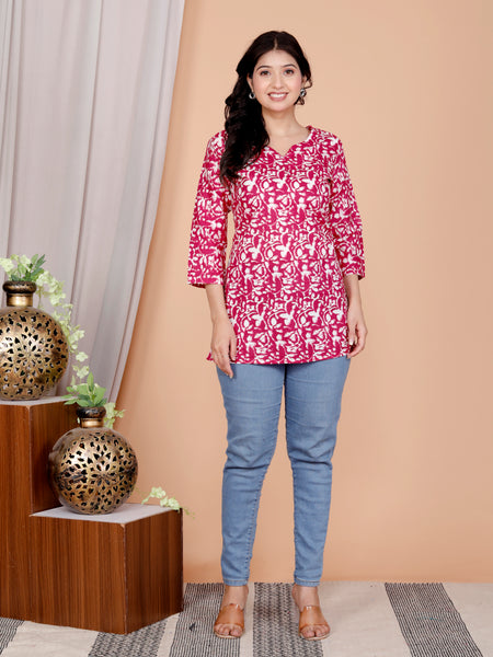Pink Abstract Printed Short Kurti Cotton Blend