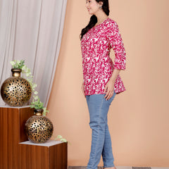 Pink Abstract Printed Short Kurti Cotton Blend
