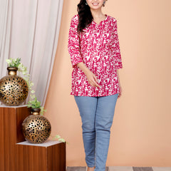 Pink Abstract Printed Short Kurti Cotton Blend