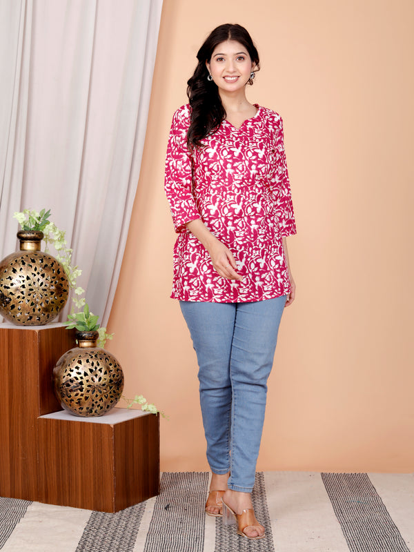 Pink Abstract Printed Short Kurti Cotton Blend