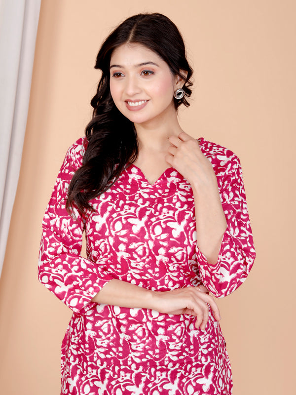 Pink Abstract Printed Short Kurti Cotton Blend