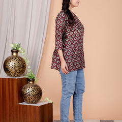 Maroon Paan Printed Short Kurti Cotton Blend