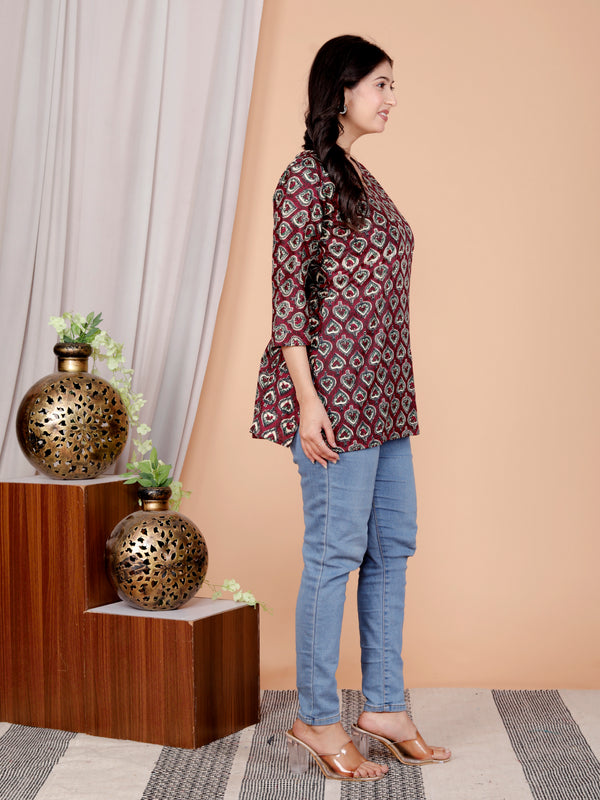 Maroon Paan Printed Short Kurti Cotton Blend