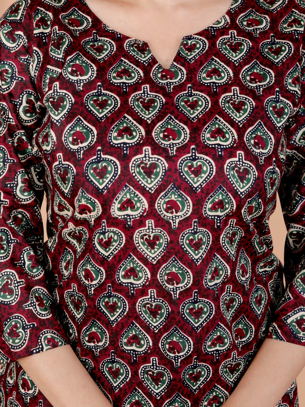 Maroon Paan Printed Short Kurti Cotton Blend