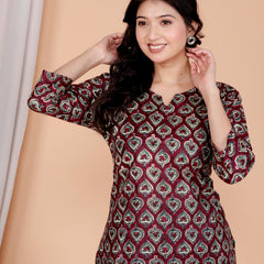 Maroon Paan Printed Short Kurti Cotton Blend