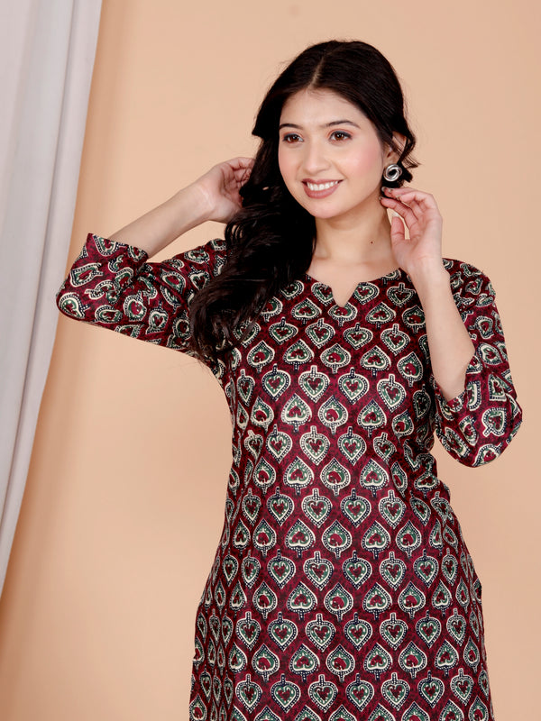 Maroon Paan Printed Short Kurti Cotton Blend