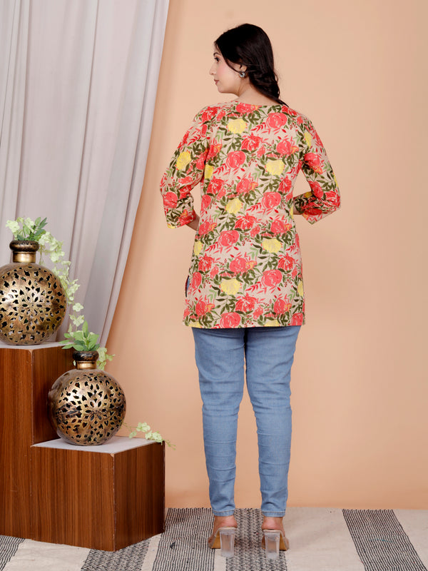 Beige Printed Short Kurti Cotton Blend