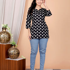 Black Buti Printed Short Kurti Cotton Blend