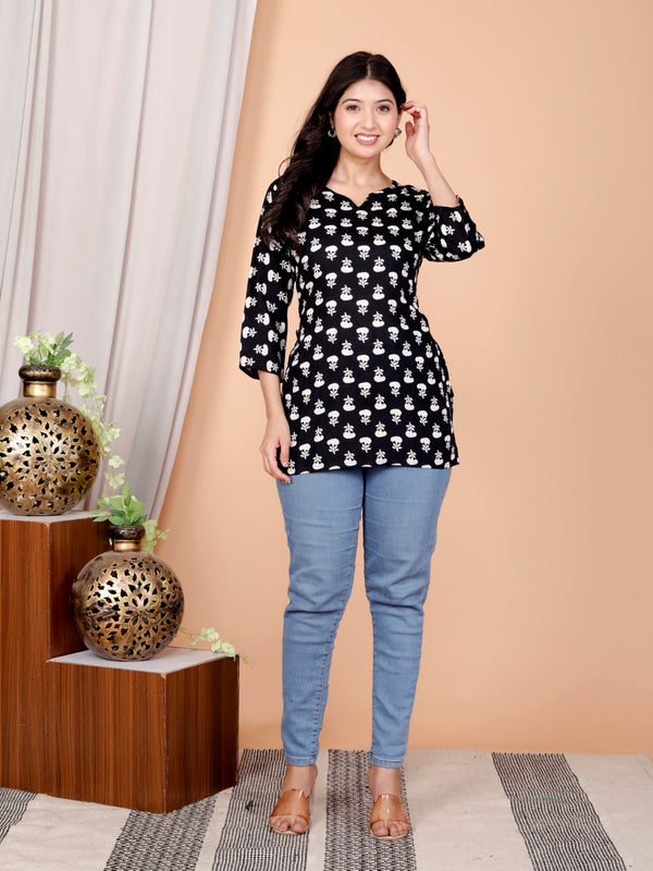 Black Buti Printed Short Kurti Cotton Blend