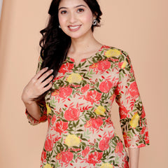 Beige Printed Short Kurti Cotton Blend