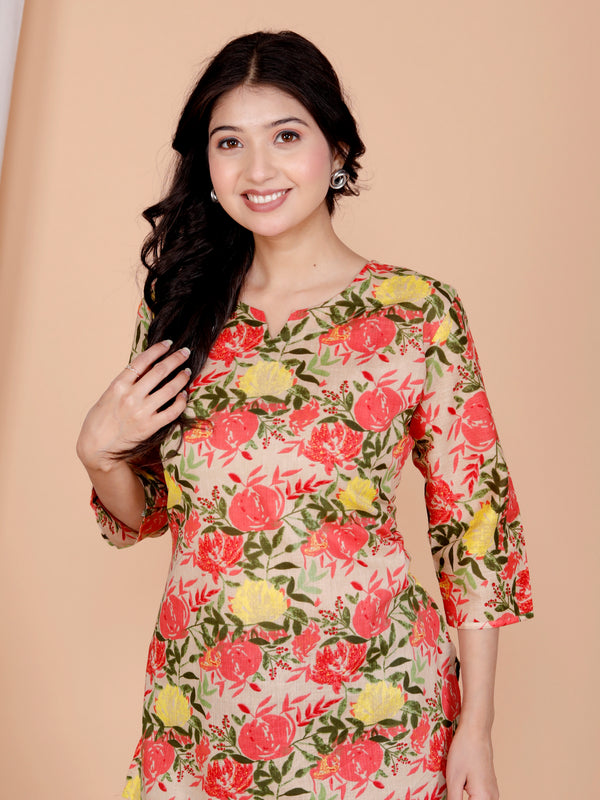 Beige Printed Short Kurti Cotton Blend