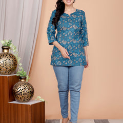 Blue Printed Short Kurti Cotton Blend