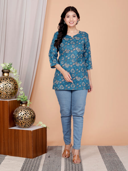 Blue Printed Short Kurti Cotton Blend