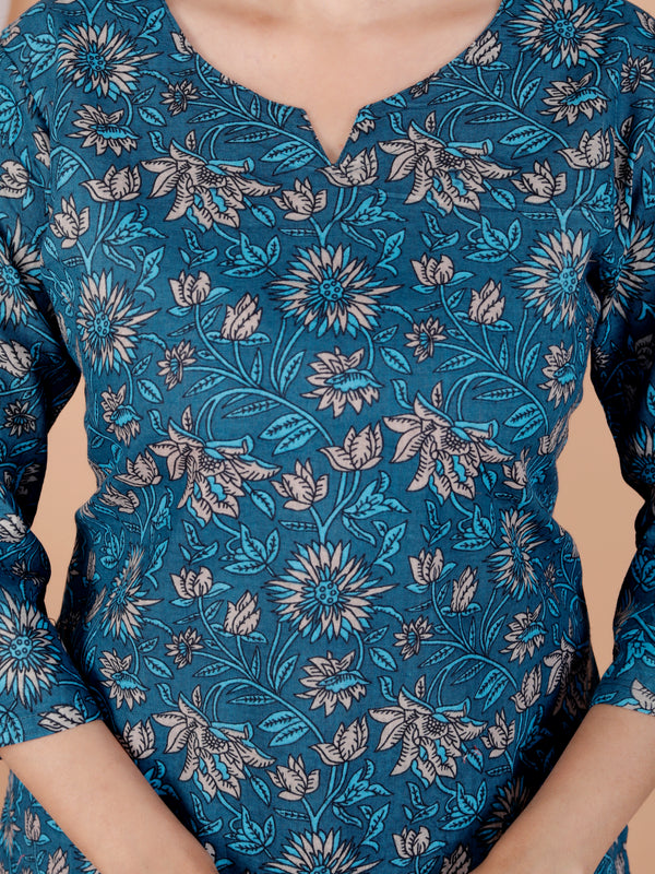Blue Printed Short Kurti Cotton Blend