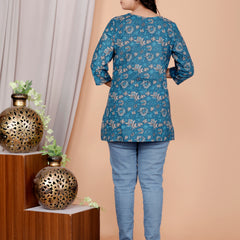 Blue Printed Short Kurti Cotton Blend