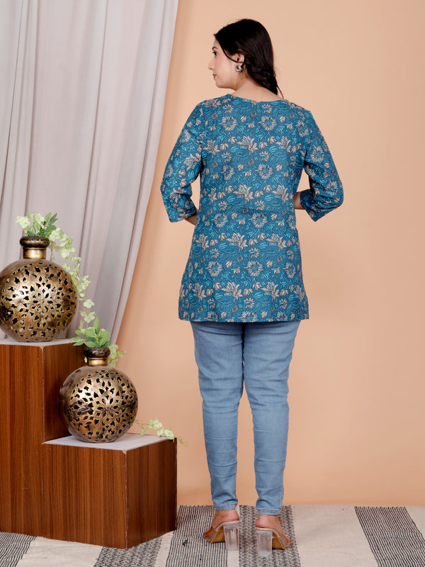 Blue Printed Short Kurti Cotton Blend