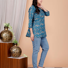 Blue Printed Short Kurti Cotton Blend